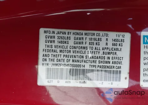 2013 Honda Cr-Z z USA, uszkodzony, nr VIN JHMZF1D45DS000514